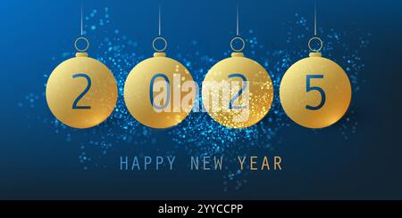 Modern Minimalist Simple Blue and Golden New Year Card, Cover or Background, Typography Design Template with Hanging Christmas Balls - 2025 Stock Vector