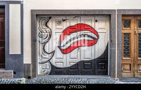 Unique and colorful street art featuring bold red lips painted on a door, placed amidst an architectural street scene with surrounding structures, com Stock Photo