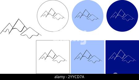 Vector isolated three mountain peaks contour black line drawing. Vector graphic line logo with Mountain peaks tattoo, print, pattern, poster element Stock Vector