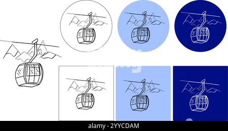Mountain lift funicular graphic line vector logo. Overview of tourist attractions at a height by tourists. Ascent to the great height of people. Vecto Stock Vector