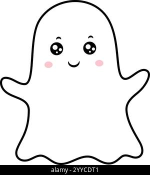 Adorable kawaii ghost character with large eyes and rosy pink cheeks, happily waving in a friendly manner, ideal for Halloween or playful spooky Stock Vector