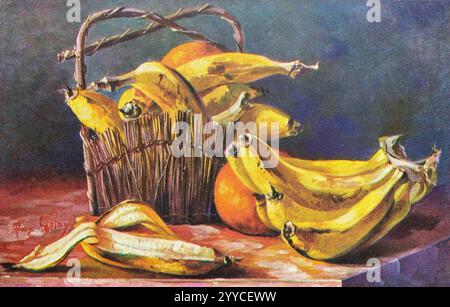 Vintage 1910-1920 postcard with still-life painting of oranges and ripe bananas, one peeled, in a basket. Stock Photo
