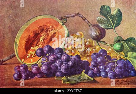 Vintage 1910-1920 postcard with still-life painting of black and white grapes, figs on a branch and half a melon. Stock Photo