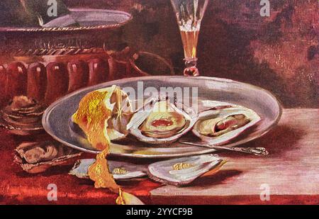 Vintage 1910-1920 postcard with still-life painting of opened oysters on a plate with a peeled lemon, wine glass and copper jelly mould. Stock Photo