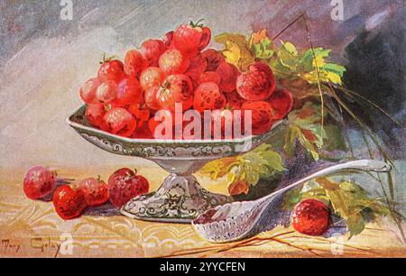 Vintage 1910-1920 postcard with still-life painting of strawberries in a china dish on a stand and a silver spoon. Stock Photo