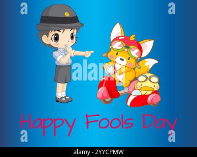 Cartoon of a boy pointing at a fox with a motorcycle. The boy is wearing a hat and a shirt. The fox is wearing goggles. Playful April Fools Day Humour Stock Vector