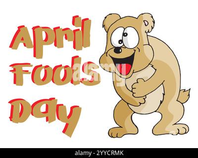 Cartoon bear is smiling and holding his stomach on April Fool's Day. The bear is wearing a red and white shirt. Playful April Fools Day Humour Happine Stock Vector