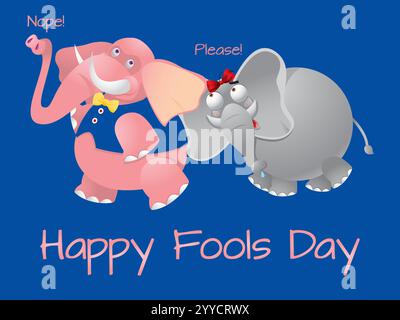 Cartoon of two elephants, one pink and one gray, with a bow tie and a bow on the pink elephant. Playful April Fools Day Humour Happiness Joy Bizarre E Stock Vector