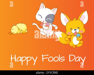 Cartoon of a cat and a dog holding ice cream on a red background. The text reads Happy Fools Day. Playful April Fools Day Humour Happiness Joy Bizarre Stock Vector