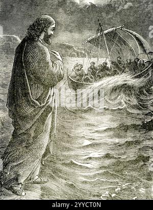 This 1883 illustration shows Jesus walking on water. According to Christian writings, When the disciples are battered by the waves at sea, Jesus comes to them walking on the water and calms their fear with his assuring word, “It is I.” At the Lord's command Peter also walks on the water, but, in fear, begins to sink. Jesus. reaches out his hand in rescue, but reproves Peter's little faith.. Stock Photo