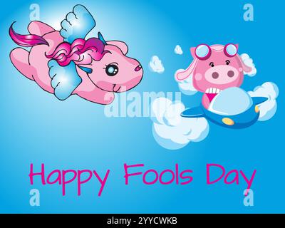 Cartoon of a pig flying a plane and a pink unicorn flying in the sky. The background is blue and the text says Happy Fools Day. Playful April Fools Da Stock Vector
