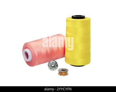 Spool of sewing thread, isolated on white background. Threads wound on the metal, plastic  spools. Stock Photo