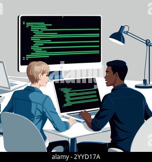 Young people, programmers are working on computer Stock Vector
