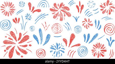 Firework set. Festive firecracker isolated on white background. Red and blue childish doodle collection. Splash and circle flash. Vector hand drawn il Stock Vector