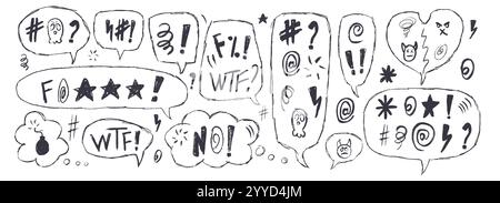 Speech bubbles with swear words. Curse crayon doodle line text. Bad bulling expression on chat dialog boxes. Aggressive hate isolated on white backgro Stock Vector