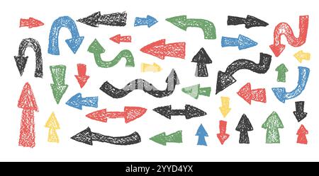 Colorful doodle arrows set crayon drawing. Chalk handwritten funky symbols. Pointers by pencil isolated on white background. Vector freehand scribble Stock Vector