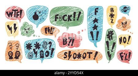 Speech bubbles with swear symbols words. Curse crayon doodle text. Bad bulling expression on chat dialog boxes. Aggressive swearwords isolated on whit Stock Vector