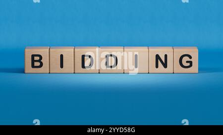 The word bidding written on wood cubes. Business and finance concept.close up of wooden elements,Business Concept.3D rendering on blue background. Stock Photo