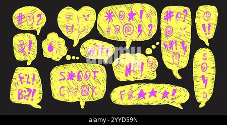 Speech bubbles with hate swear words. Crayon doodle highlight text. Bad bulling expression on chat dialog boxes. Aggressive social media swearwords is Stock Vector