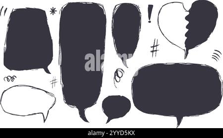 Speech bubbles set. Crayon doodle text frames. Chat dialog boxes. Comic talk clouds by chalk or pencil isolated on white background. Childish style qu Stock Vector