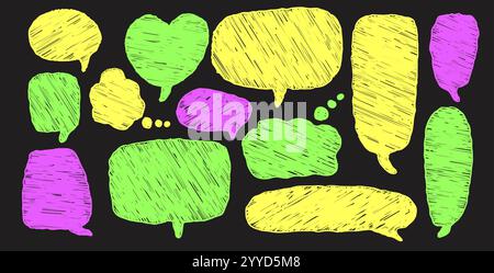 Speech bubbles set. Crayon doodle text frames. Chat dialog boxes. Comic talk textboxes by chalk or pencil isolated on dark background. Childish style Stock Vector