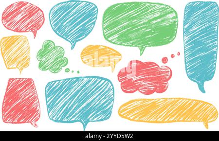 Speech bubbles set. Crayon doodle text frames. Chat dialog boxes. Comic talk clouds by chalk or pencil isolated on white background. Childish style qu Stock Vector