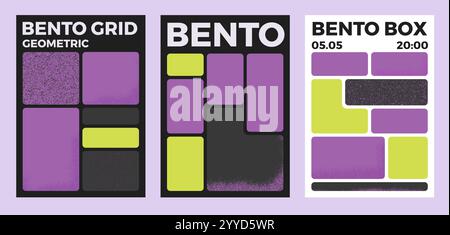 Bento box poster templates set. Y2K collage grid textured grainy shapes. Geometry modular frames. Label textboxes composition pack. Trendy blocks blan Stock Vector