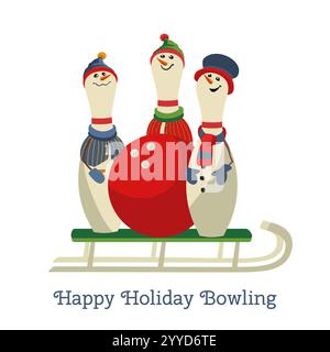 Christmas holiday bowling fancy vector icon. Bowling ball, funny pins in sleigh cartoon design element. Bowl club x-mas holidays invitation template. Stock Vector