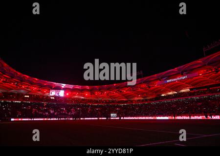 Stuttgart, Deutschland. 21st Dec, 2024. nach Spielende: Arena in Rot getaucht Illumination VfB Stuttgart vs FC St Pauli 21.12.2024 DFL REGULATIONS PROHIBIT ANY USE OF PHOTOGRAPHS AS IMAGE SEQUENCES AND/OR QUASI-VIDEO/dpa/Alamy Live News Stock Photo