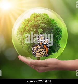 Save Earth. Woman holding crystal ball with green tree inside outdoors, closeup. Butterfly on hand Stock Photo