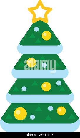 Stylized green christmas tree with yellow balls, small light blue circles and green triangles, topped with a gold star, representing christmas time Stock Vector