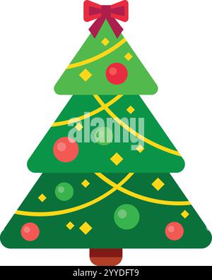 Stylized green christmas tree with colorful balls, yellow ribbons and a purple bow on top, celebrating christmas holidays with festive decorations Stock Vector
