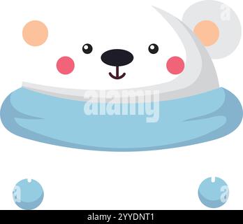 Adorable polar bear cub wearing a light blue scarf and small blue mittens, smiling happily with rosy cheeks and a black nose, creating a heartwarming Stock Vector