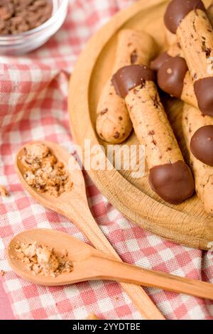 Sticks shortbread dipped in chocolate. Home made cookies. Stock Photo