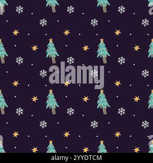 Christmas seamless pattern with Christmas tree, star and snowflakes. Christmas background. Christmas wrapping paper design Stock Vector
