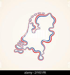 Outline map of Netherlands marked with ribbon in colors from the flag. Stock Vector
