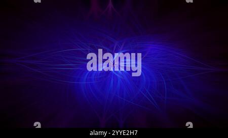 Blue and purple waving and swirling light trail patterns or glowing fibers on black background. Abstract, futuristic and psychedelic background. Stock Photo