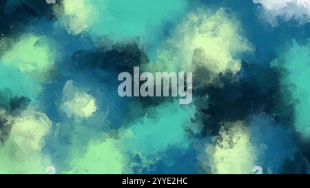 Abstract bright, vibrant and colorful (teal, blue, green, yellow) oil painting background with brush strokes. Digital oil painting. Copy space. Stock Photo