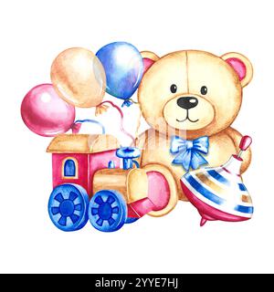 Children's toys. Teddy bear, train, spinning top. Handmade watercolor illustrations. For decorating children's books and greeting cards. For packaging Stock Photo