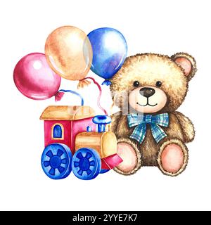 Children's toys. Teddy bear, train, spinning top. Hand-drawn watercolor illustrations. For decorating children's books and greeting cards. For packagi Stock Photo