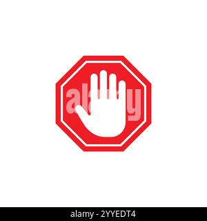 Red stop hand sign, stop hand vector printable design, isolated on white background. Traffic regulatory warning stop symbol. Vector illustration Stock Vector