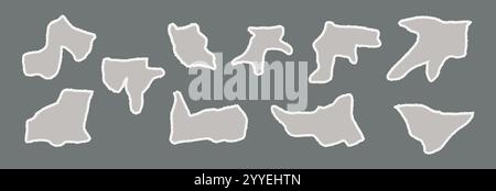Torn paper pieces set with ripped edges and textured cutouts. Notebook scraps, frames, and borders collection for scrapbook templates. Flat vector Stock Vector