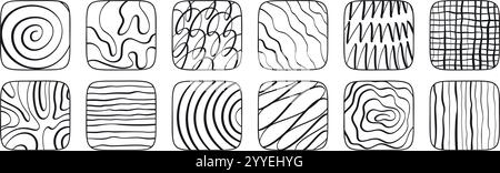 Abstract line set with brush textures and grunge spirals. Hand-drawn geometric patterns and graphic curves for doodle-inspired designs. Flat vector Stock Vector