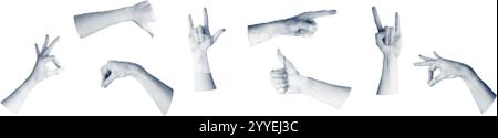Collage Grunge hand graphic set with retro halftone and punk elements. Pop art design with fingers and crazy signs. Flat vector illustration isolated Stock Vector