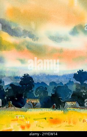 Abstract watercolor painting landscape on paper colorful of village view,tree mountain in the beauty summer season, wild life, in evening, sky backgro Stock Photo