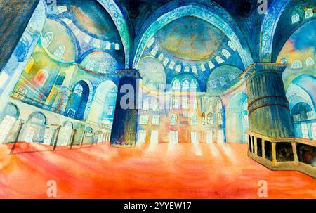 Istanbul, Turkey - August 5, 2017 : People are visiting The Blue Mosque. Landmark of world is tourist attraction in the Turkey.  Watercolor painting l Stock Photo