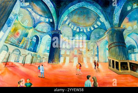 Istanbul, Turkey - August 5, 2017 : People are visiting The Blue Mosque. Landmark of world is tourist attraction in the Turkey.  Watercolor painting l Stock Photo