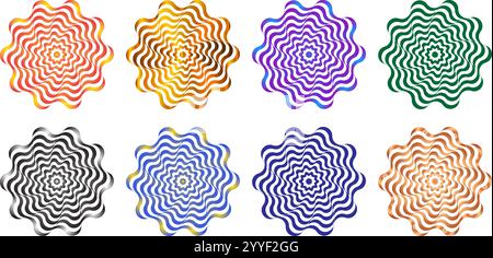 Eight floral wavy round strips abstract objects on transparent white background Stock Vector