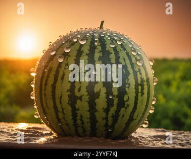 Watermelon, fruit, macro, portrait. Fresh watermelon with water drops. Watermelon with water drops in the backlight of the sun. Stock Photo