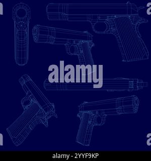 Set with a blue wireframe pistol Colt 1911. Outline of a pistol in different positions isolated on a blue background. 3D. Vector illustration Stock Vector